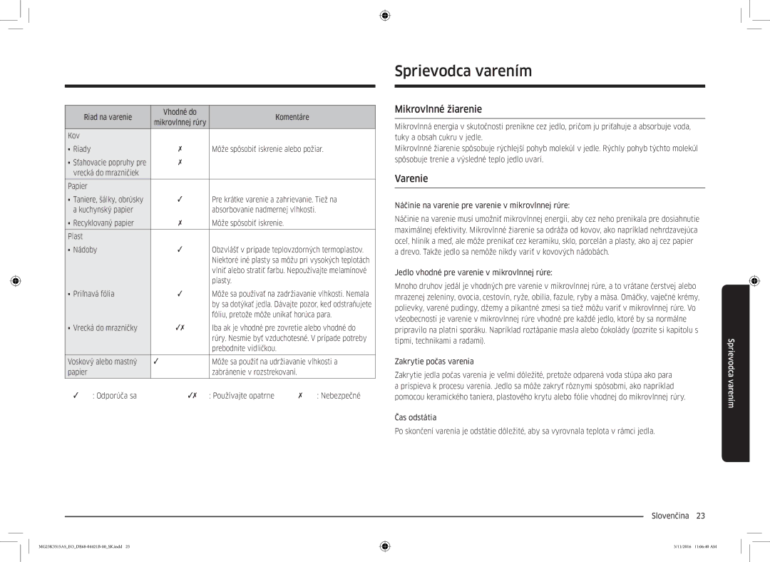 Samsung MG23K3515AS/EO, MG23K3515AS/EG, MG23K3515AS/ET manual Sprievodca varením, Mikrovlnné žiarenie, Varenie 