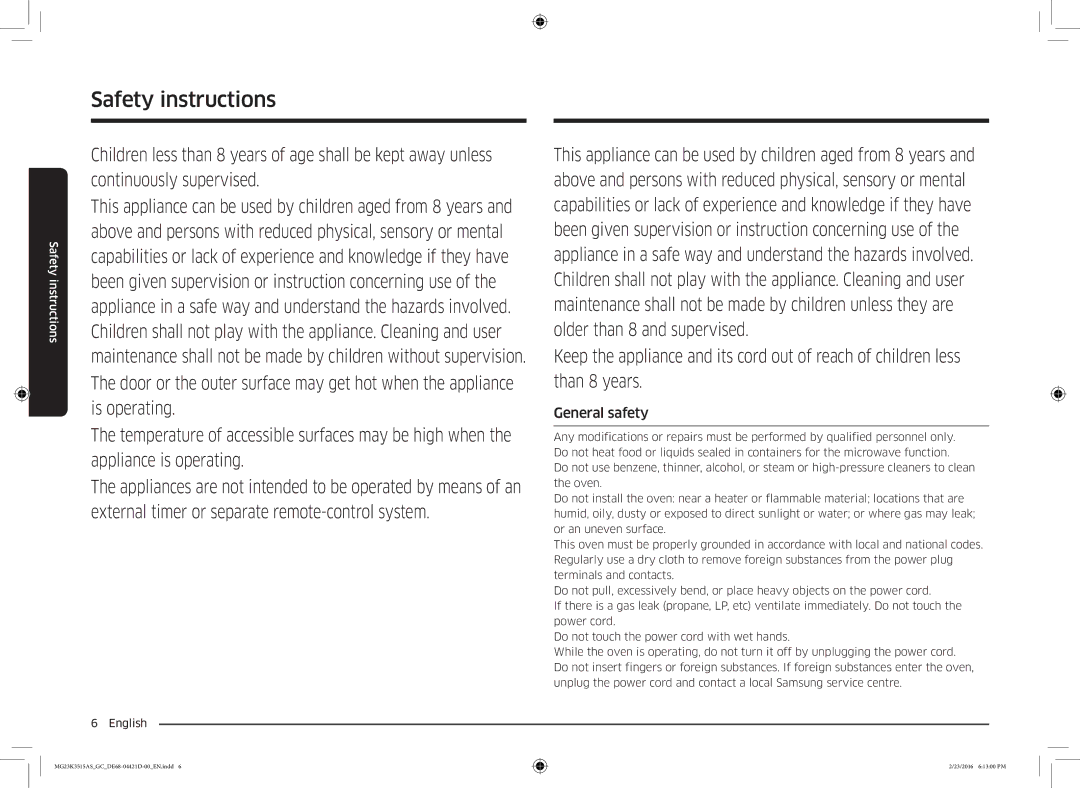 Samsung MG23K3515AS/GC manual General safety 