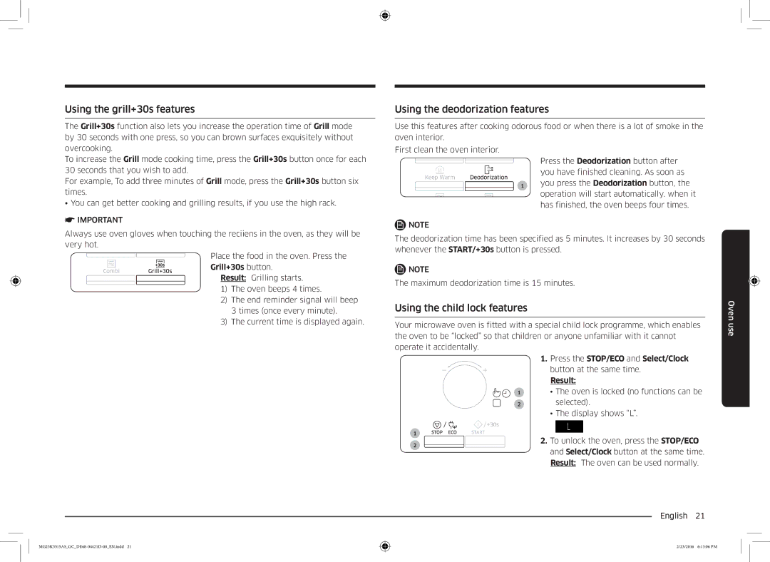 Samsung MG23K3515AS/GC manual Using the grill+30s features, Using the deodorization features, Using the child lock features 