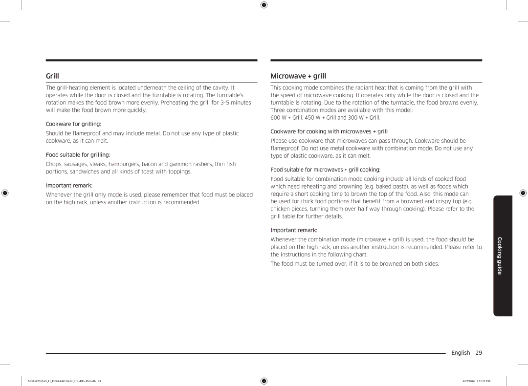 Samsung MG23K3515AS/LI manual Grill, Microwave + grill 
