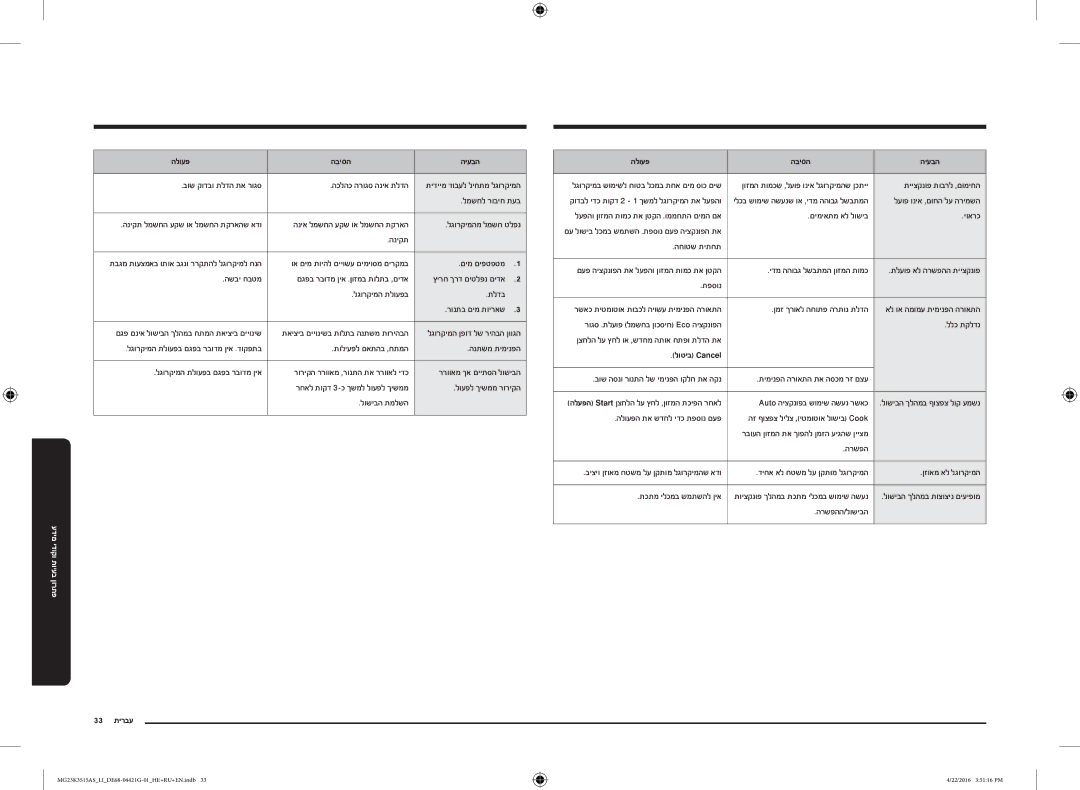 Samsung MG23K3515AS/LI manual 33 עברית הלועפ הביסה היעבה, לוטיב Cancel 