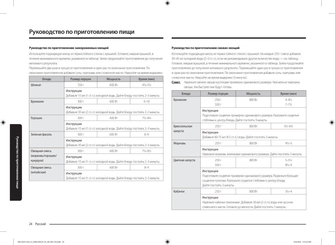 Samsung MG23K3515AS/LI manual Руководство по приготовлению замороженных овощей, Руководство по приготовлению свежих овощей 