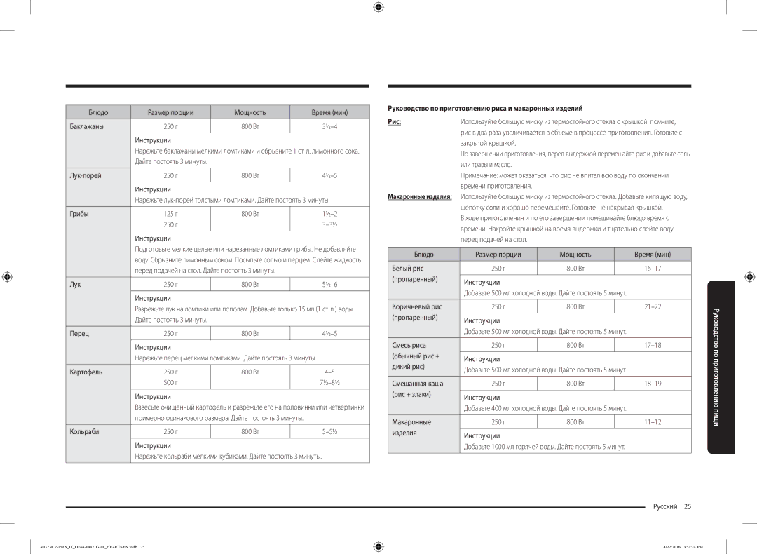 Samsung MG23K3515AS/LI manual Руководство по приготовлению риса и макаронных изделий Рис 