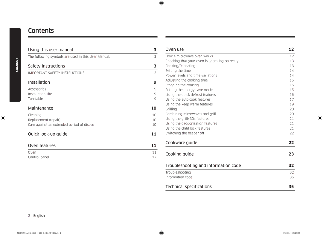 Samsung MG23K3515AS/LI manual Contents 