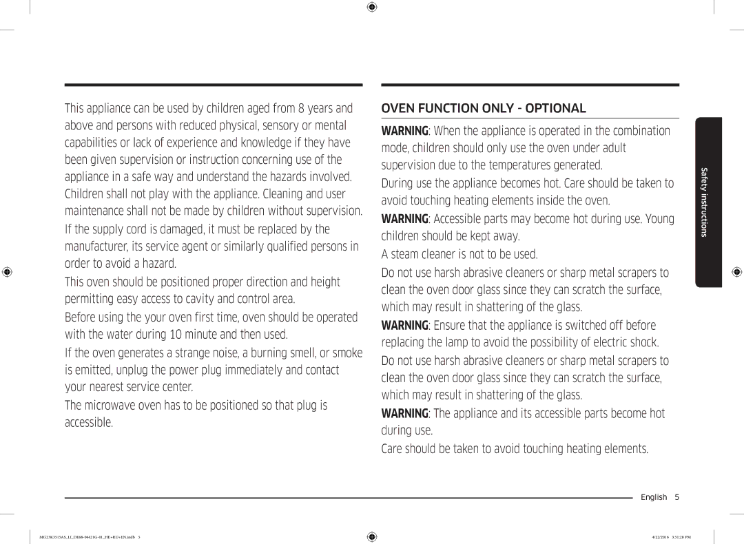 Samsung MG23K3515AS/LI manual Oven Function only Optional 