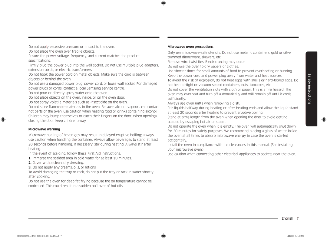 Samsung MG23K3515AS/LI manual Microwave warning, Microwave oven precautions 