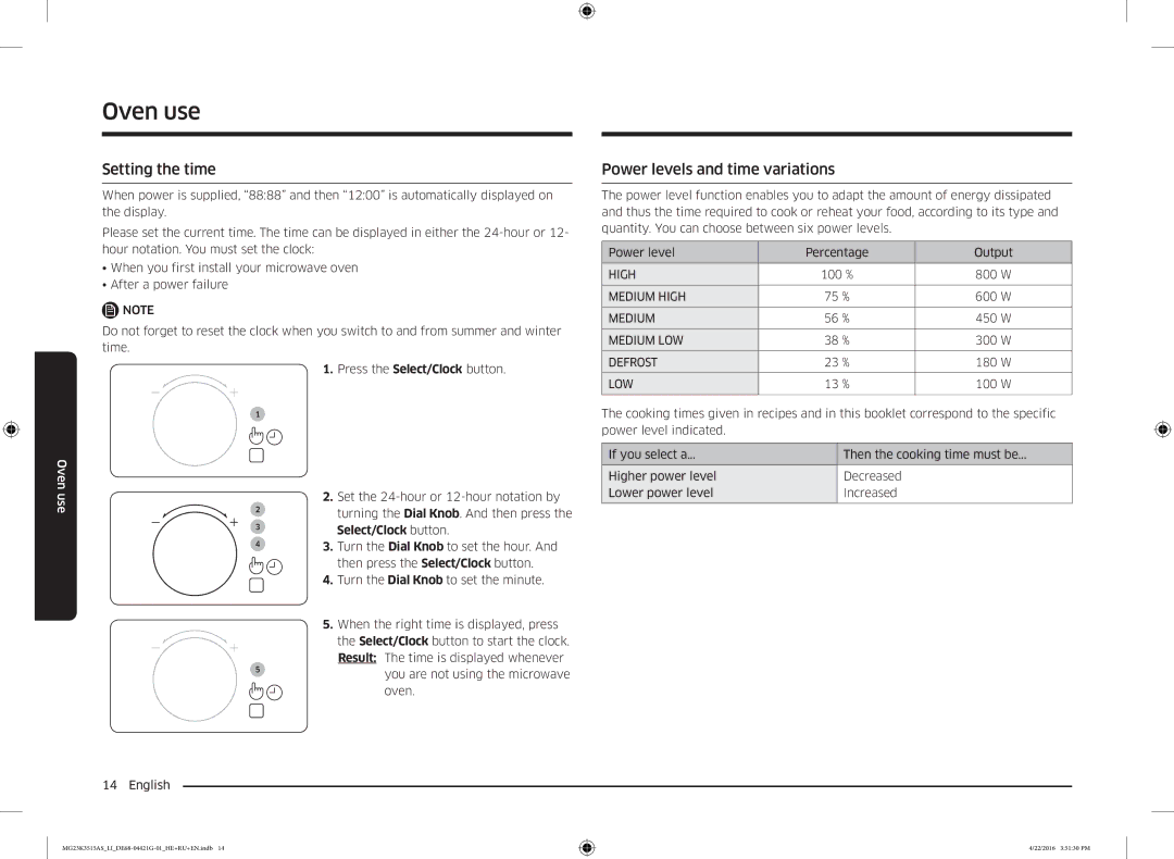 Samsung MG23K3515AS/LI manual Setting the time, Power levels and time variations 