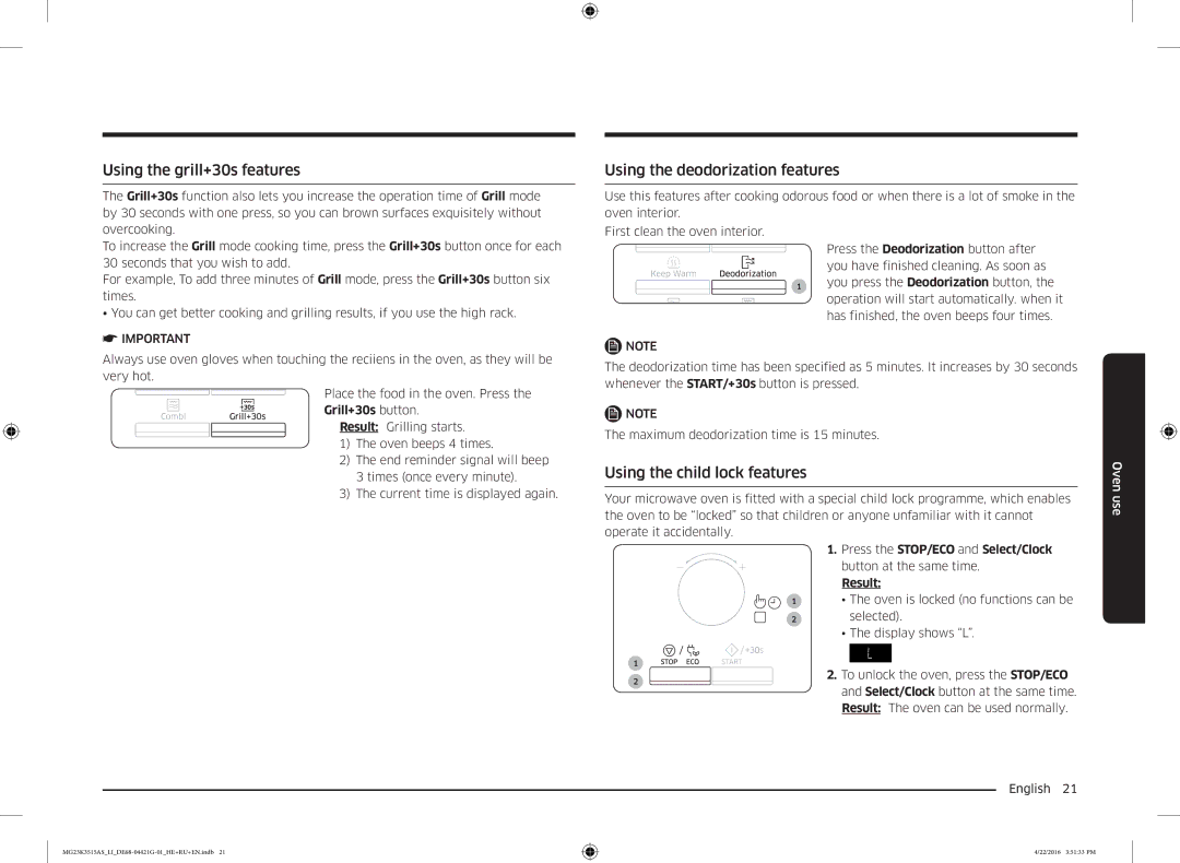 Samsung MG23K3515AS/LI manual Using the grill+30s features, Using the deodorization features, Using the child lock features 