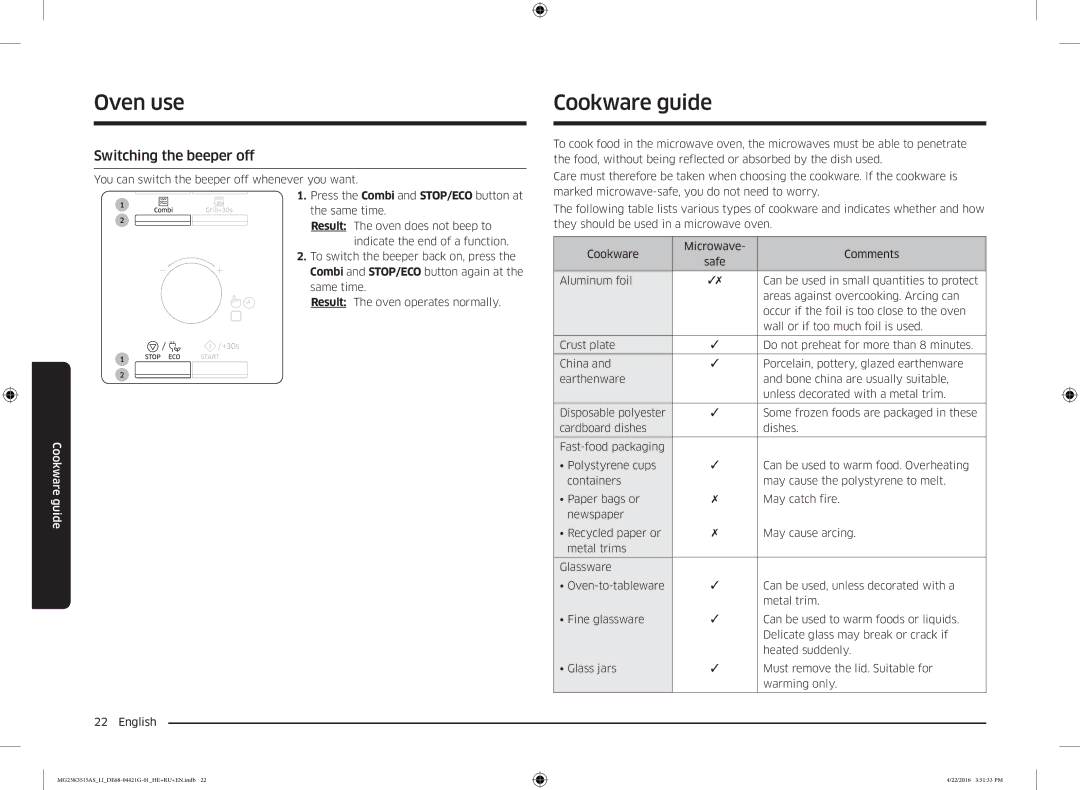 Samsung MG23K3515AS/LI manual Cookware guide, Switching the beeper off, Oven does not beep to 