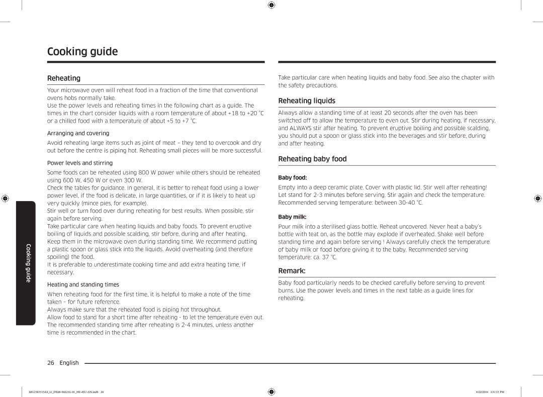 Samsung MG23K3515AS/LI manual Reheating liquids, Reheating baby food, Remark 