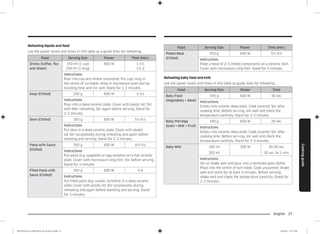 Samsung MG23K3515AS/LI manual Reheating liquids and food, Reheating baby food and milk 