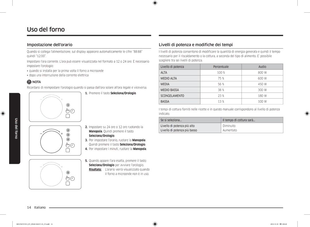 Samsung MG23K3515AS/ET manual Impostazione dellorario, Livelli di potenza e modifiche dei tempi, Seleziona/Orologio 