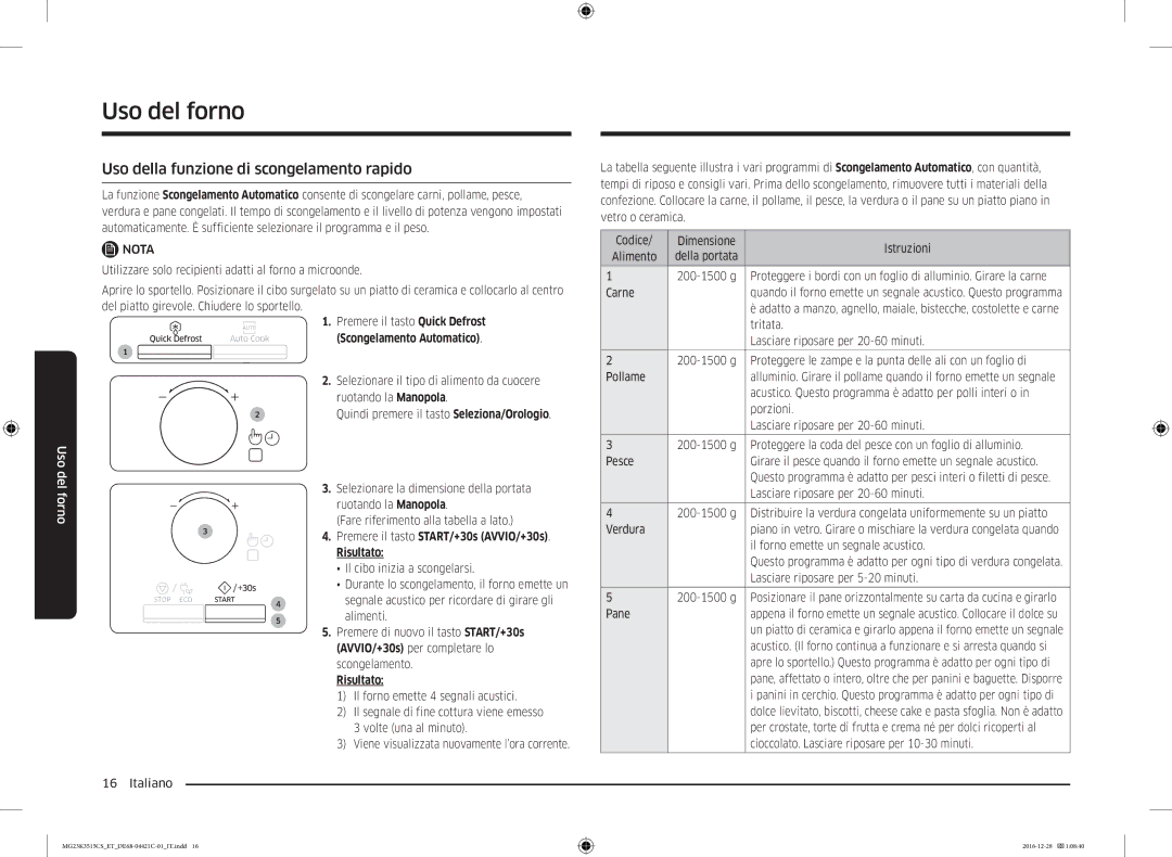 Samsung MG23K3515AW/ET manual Uso della funzione di scongelamento rapido, Premere il tasto START/+30s AVVIO/+30s Risultato 