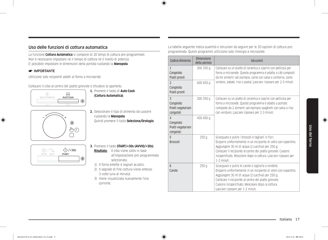 Samsung MG23K3515CK/ET, MG23K3515AW/ET, MG23K3515AS/ET manual Uso delle funzioni di cottura automatica, Cottura Automatica 