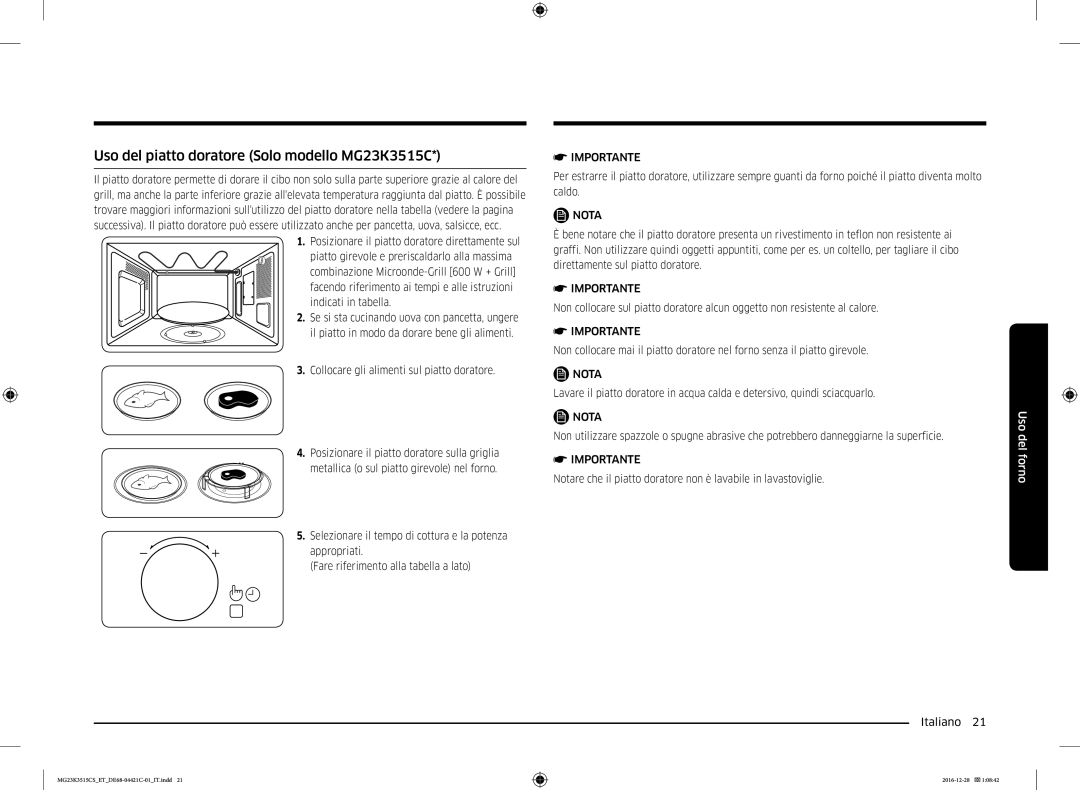 Samsung MG23K3515CK/ET, MG23K3515AW/ET, MG23K3515AS/ET, MG23K3515AK/ET manual Uso del piatto doratore Solo modello MG23K3515C 