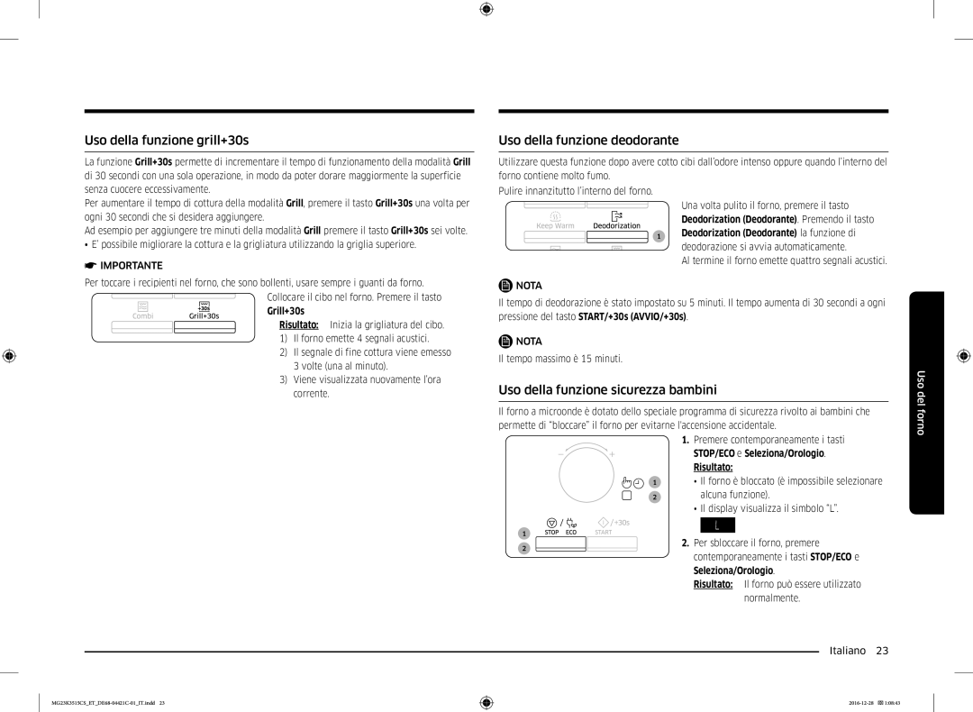 Samsung MG23K3515AK/ET Uso della funzione grill+30s, Uso della funzione deodorante, Uso della funzione sicurezza bambini 