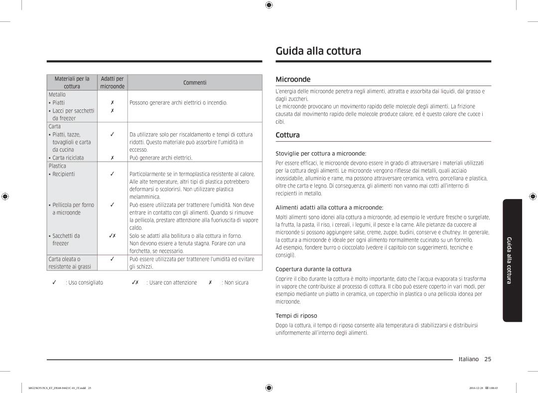Samsung MG23K3515CK/ET, MG23K3515AW/ET, MG23K3515AS/ET, MG23K3515AK/ET manual Guida alla cottura, Microonde, Cottura 
