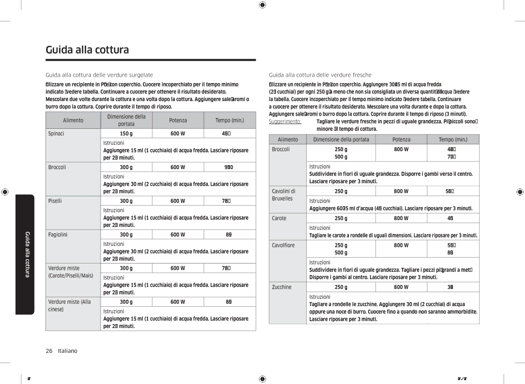 Samsung MG23K3515AS/ET manual Guida alla cottura delle verdure surgelate, Guida alla cottura delle verdure fresche 