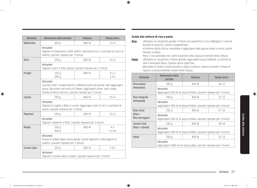 Samsung MG23K3515AK/ET, MG23K3515AW/ET, MG23K3515CK/ET, MG23K3515AS/ET manual Guida alla cottura di riso e pasta 