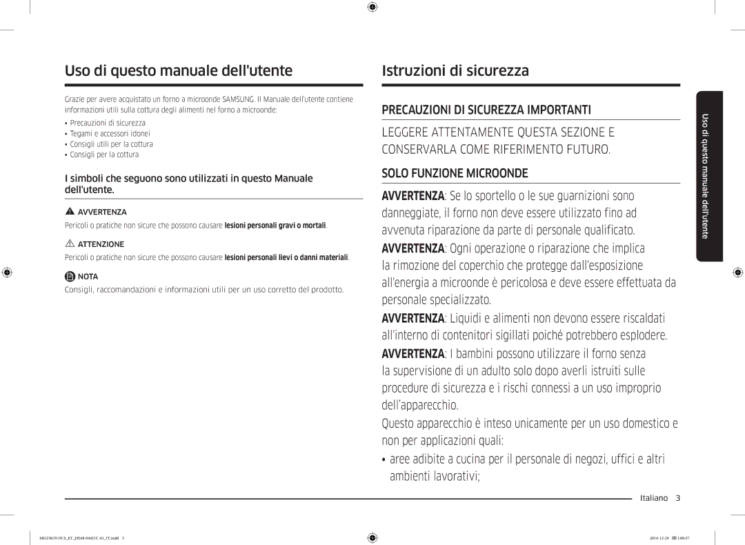 Samsung MG23K3515AK/ET, MG23K3515AW/ET, MG23K3515CK/ET Uso di questo manuale dellutente, Istruzioni di sicurezza 