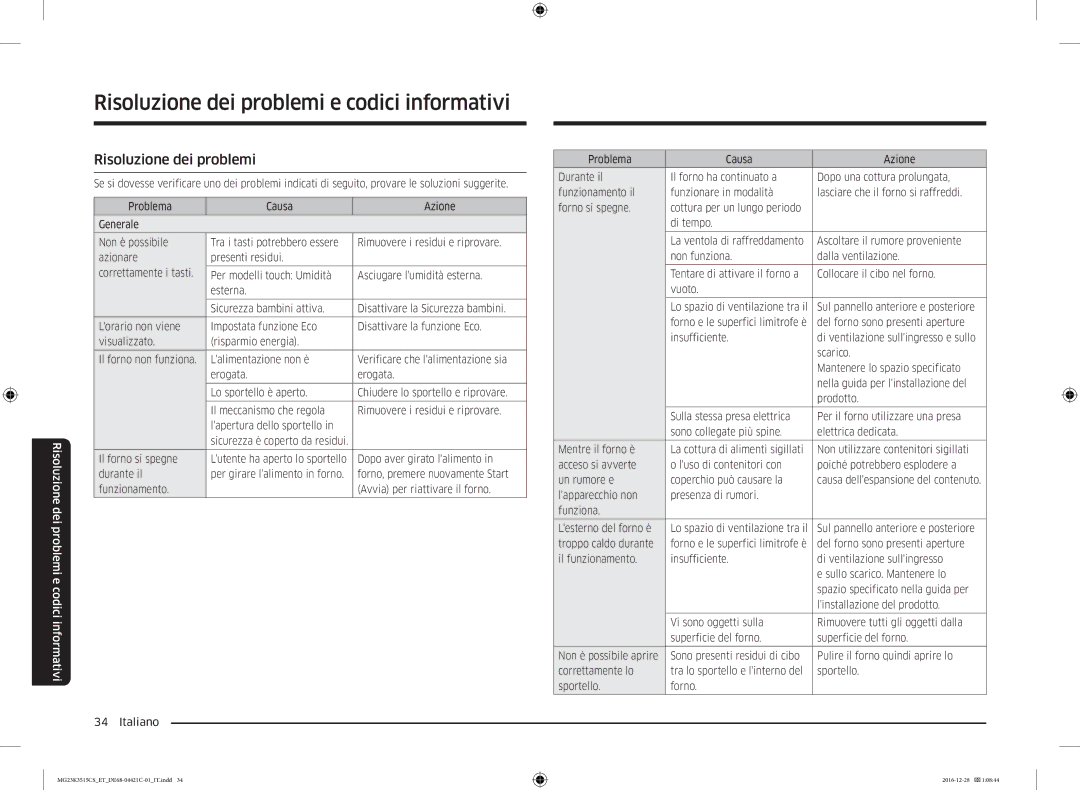 Samsung MG23K3515AS/ET, MG23K3515AW/ET, MG23K3515CK/ET, MG23K3515AK/ET manual Risoluzione dei problemi e codici informativi 