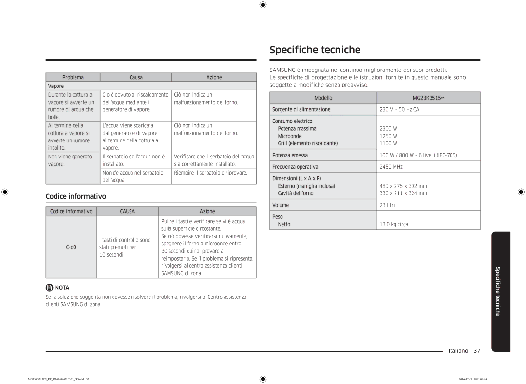 Samsung MG23K3515CK/ET, MG23K3515AW/ET, MG23K3515AS/ET, MG23K3515AK/ET manual Specifiche tecniche, Codice informativo 