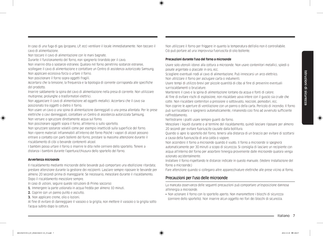 Samsung MG23K3515AK/ET, MG23K3515AW/ET, MG23K3515CK/ET manual Precauzioni per luso delle microonde, Avvertenza microonde 