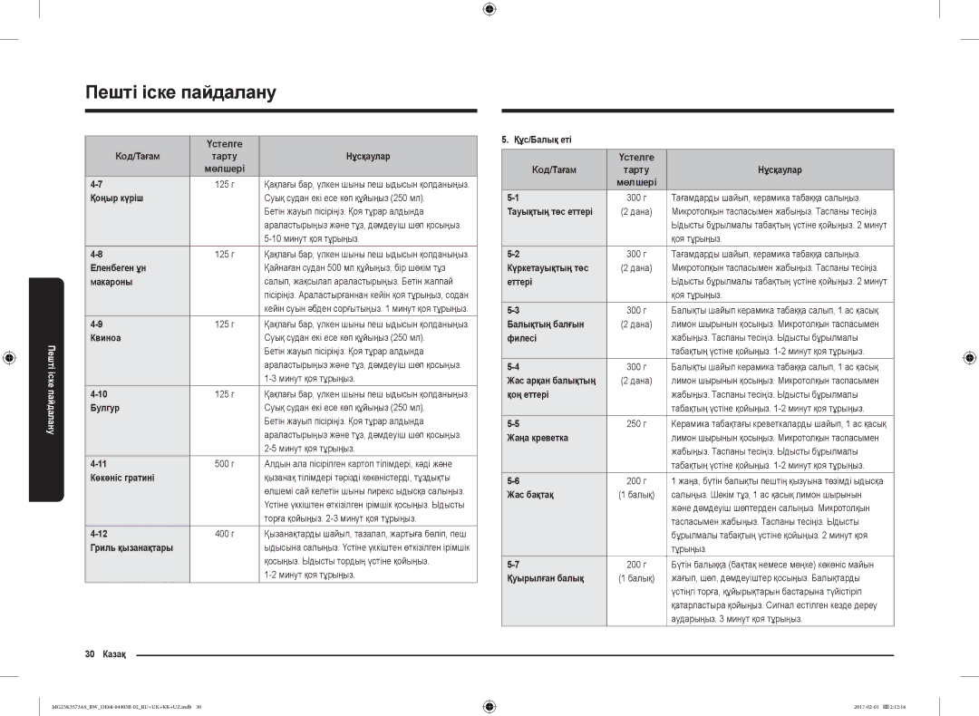Samsung MG23K3573AK/BW manual Қоңыр күріш, Еленбеген ұн, Макароны, Квиноа, Булгур, 30 Казақ Құс/Балық еті Үстелге Код/Тағам 