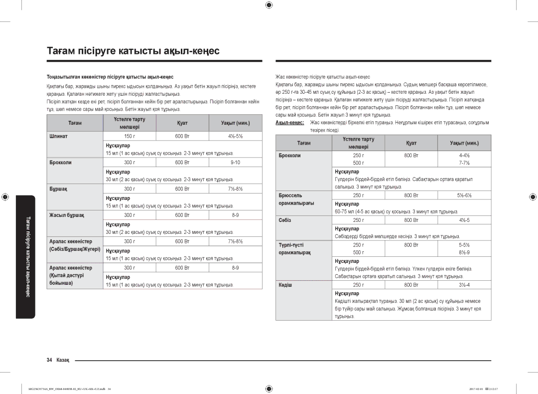 Samsung MG23K3573AK/BW Тоңазытылған көкөністер пісіруге қатысты ақыл-кеңес, Тағам Үстелге тарту Қуат Уақыт мин, Бұршақ 