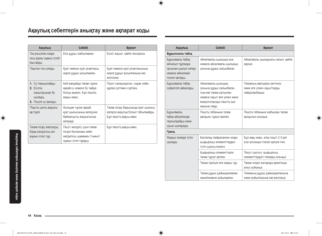 Samsung MG23K3573AK/BW, MG23K3573AS/BW manual Ақаулық Себебі Әрекет Бұрылмалы табақ, Гриль, 44 Казақ 