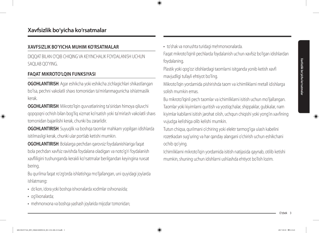 Samsung MG23K3573AS/BW, MG23K3573AK/BW manual Xavfsizlik bo‘yicha ko‘rsatmalar, Ozbek  