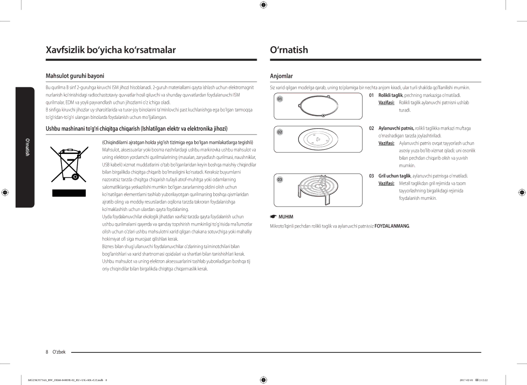 Samsung MG23K3573AK/BW, MG23K3573AS/BW manual ‘rnatish, Mahsulot guruhi bayoni, Anjomlar, Muhim 