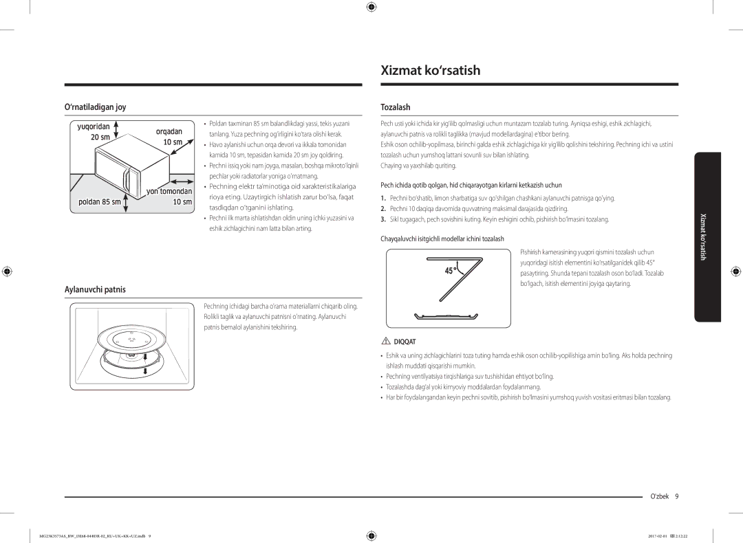Samsung MG23K3573AS/BW, MG23K3573AK/BW manual Xizmat ko‘rsatish, ‘rnatiladigan joy, Tozalash, Aylanuvchi patnis, Diqqat 