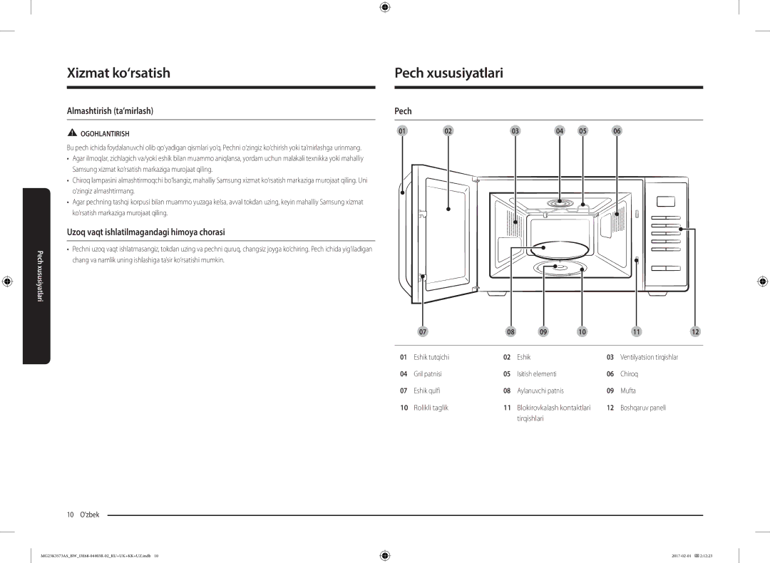 Samsung MG23K3573AK/BW manual Pech xususiyatlari, Almashtirish ta’mirlash, Uzoq vaqt ishlatilmagandagi himoya chorasi 