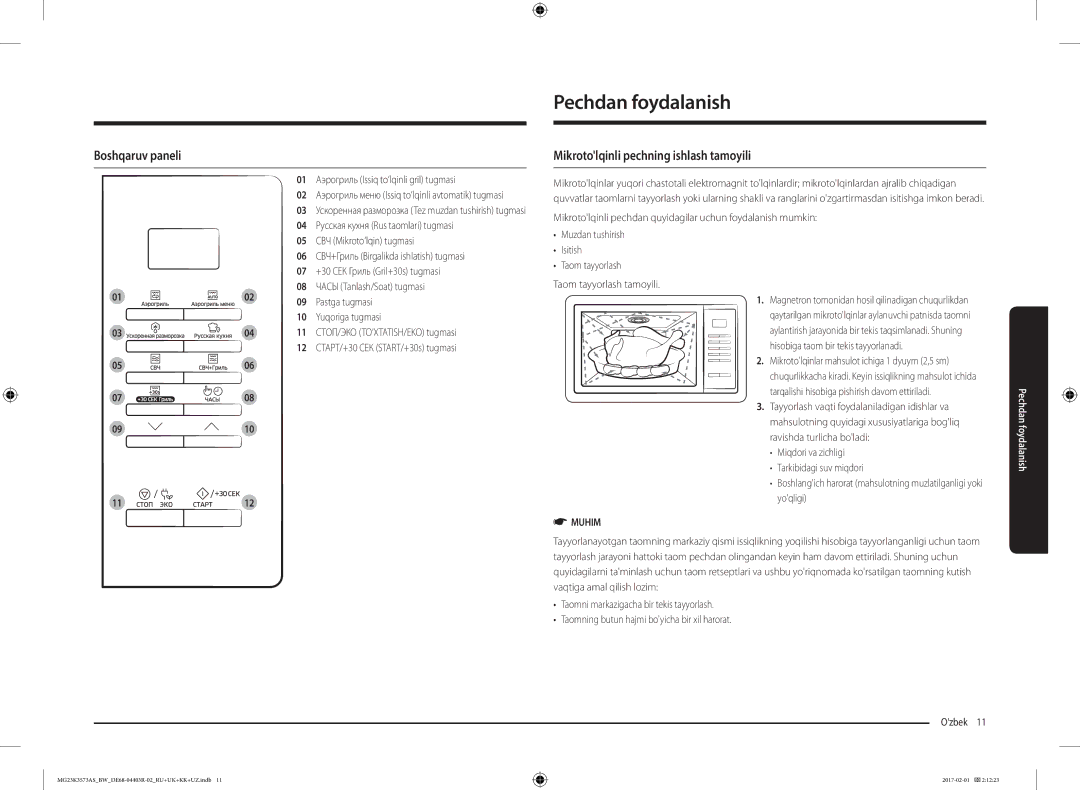 Samsung MG23K3573AS/BW, MG23K3573AK/BW manual Pechdan foydalanish, Boshqaruv paneli, Mikrotolqinli pechning ishlash tamoyili 