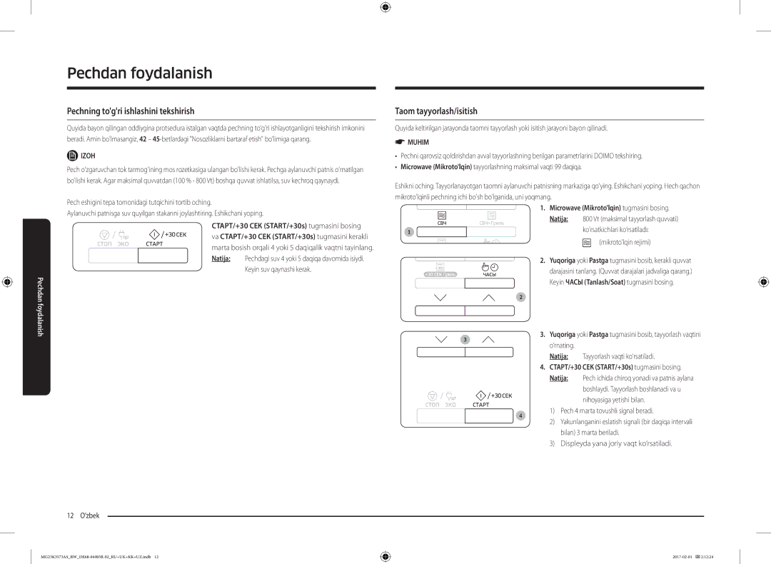Samsung MG23K3573AK/BW, MG23K3573AS/BW manual Pechning togri ishlashini tekshirish, Taom tayyorlash/isitish, Izoh, Natija 