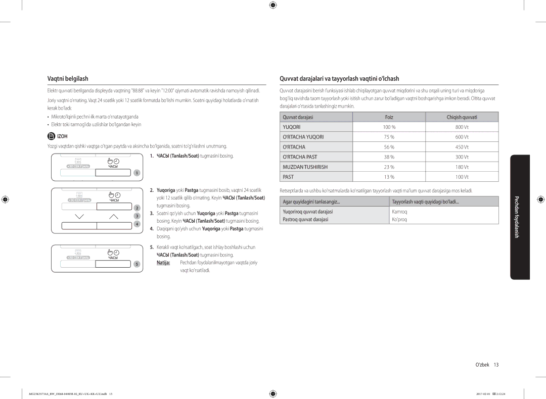 Samsung MG23K3573AS/BW, MG23K3573AK/BW manual Vaqtni belgilash, Quvvat darajalari va tayyorlash vaqtini olchash 