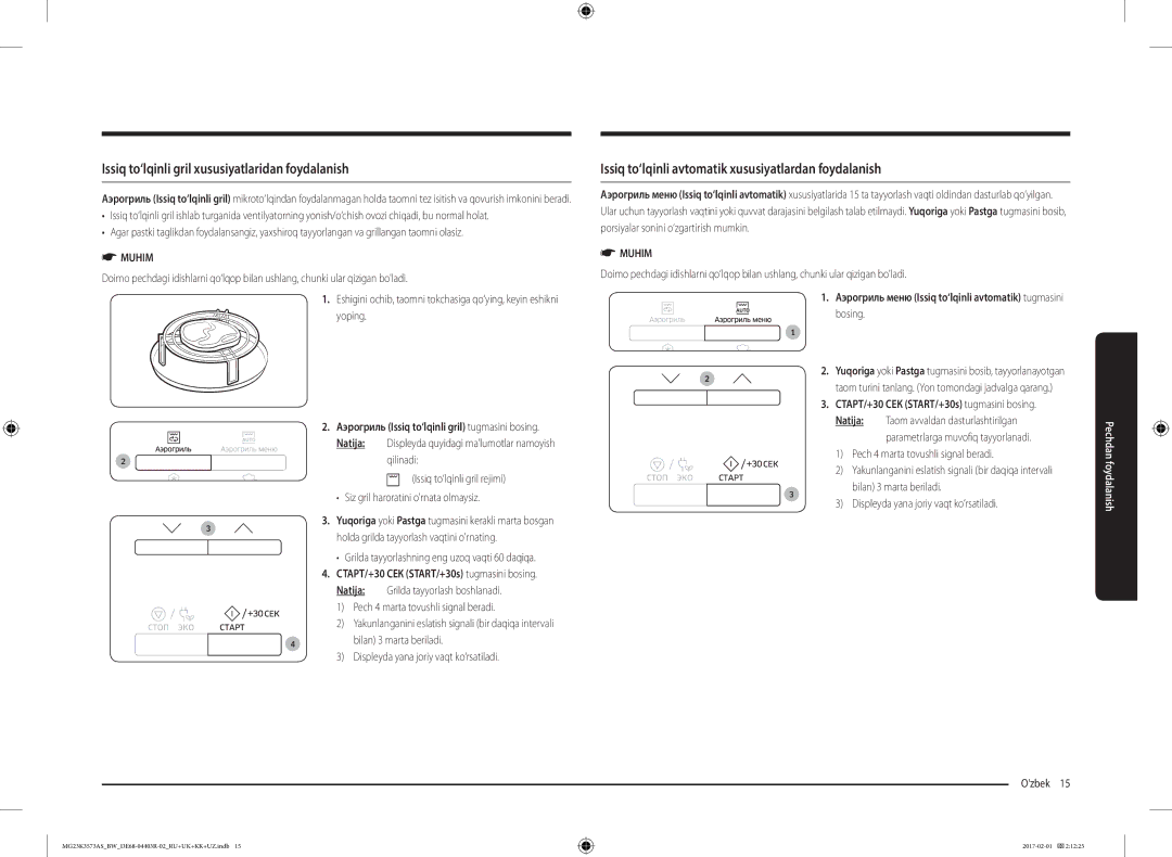 Samsung MG23K3573AS/BW manual Issiq to‘lqinli gril xususiyatlaridan foydalanish, Holda grilda tayyorlash vaqtini ornating 