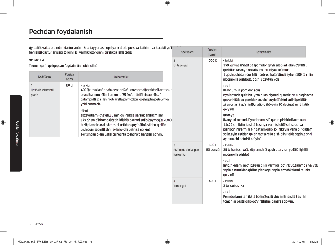 Samsung MG23K3573AK/BW Tarkibi, Qo‘lbola sabzavotli, Gratin, Yoki rozmarin, Usuli, Ozbek Kod/Taom Porsiya Korsatmalar 