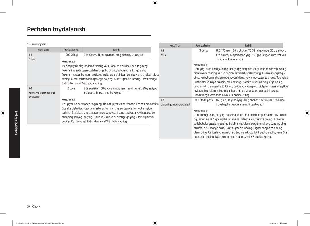 Samsung MG23K3573AK/BW Rus menyulari Kod/Taom Porsiya hajmi Tarkibi, Omlet Korsatmalar, Tortishdan avval 2-3 daqiqa kuting 