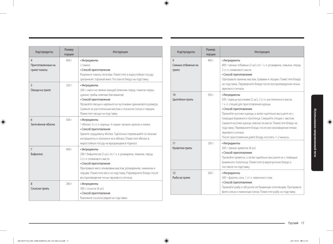 Samsung MG23K3573AS/BW Код/продукты Размер Инструкции, Томата, Гриле томаты Способ приготовления, Овощи на гриле, Бифштекс 