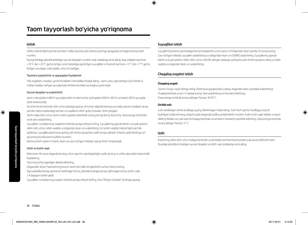Samsung MG23K3573AK/BW, MG23K3573AS/BW manual Isitish, Suyuqlikni isitish, Chaqaloq ovqatini isitish, Izoh 