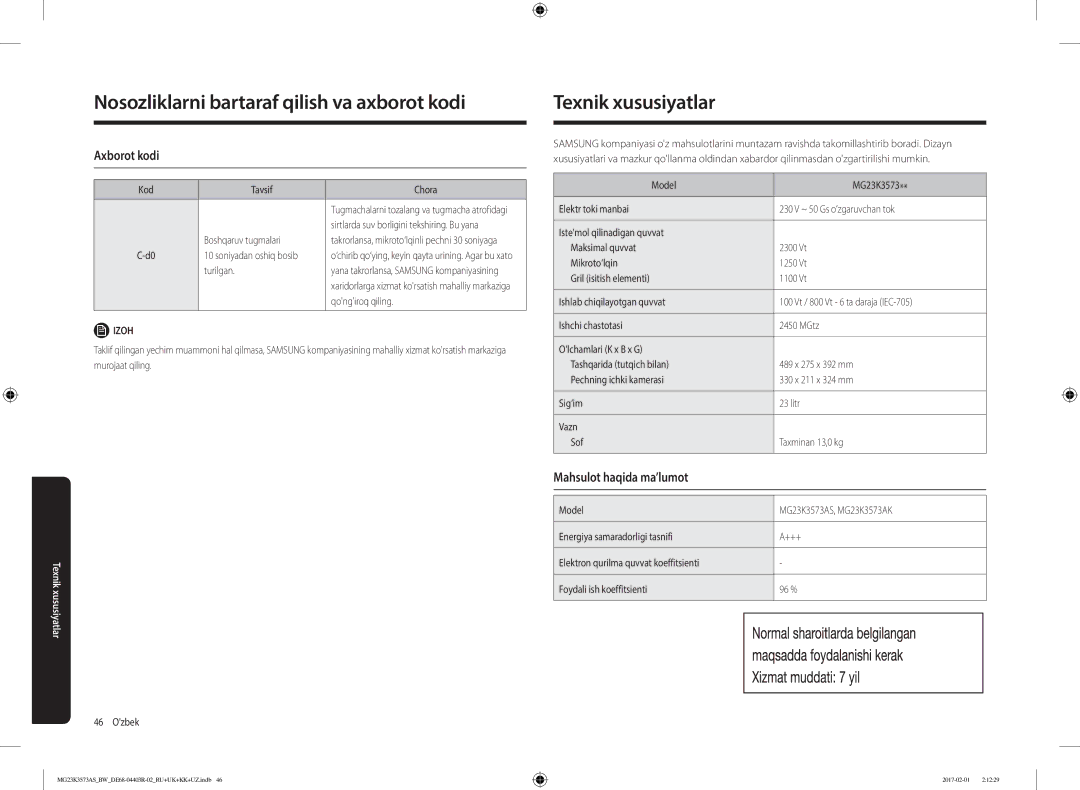 Samsung MG23K3573AK/BW, MG23K3573AS/BW manual Texnik xususiyatlar, Axborot kodi, Mahsulot haqida ma’lumot 