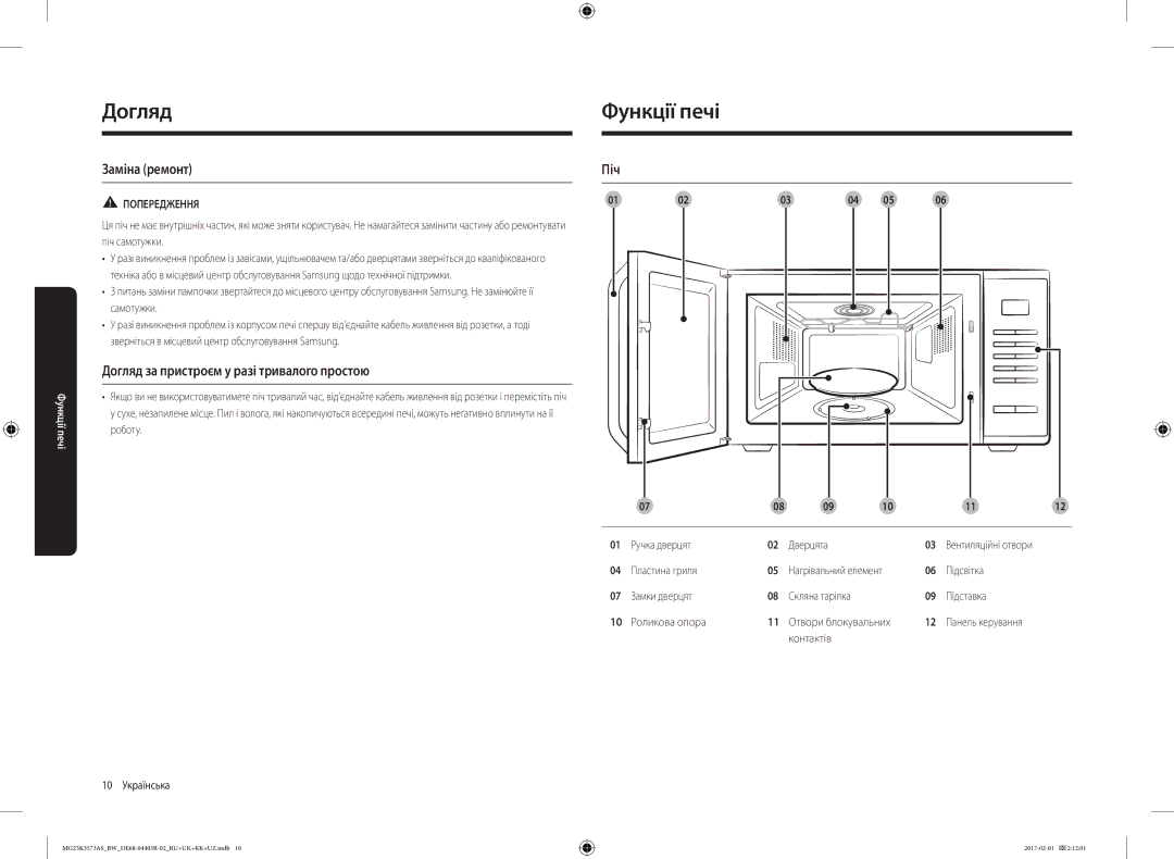 Samsung MG23K3573AK/BW manual Функції печі, Заміна ремонт, Догляд за пристроєм у разі тривалого простою, Піч, Попередження 