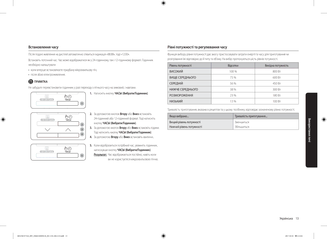 Samsung MG23K3573AS/BW manual Встановлення часу, Рівні потужності та регулювання часу, Кнопку Часы Вибрати/Годинник 