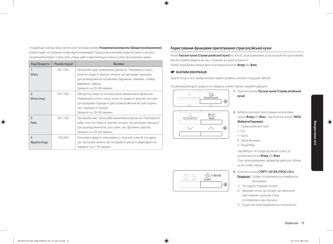 Samsung MG23K3573AS/BW, MG23K3573AK/BW manual Користування функціями приготування страв російської кухні 