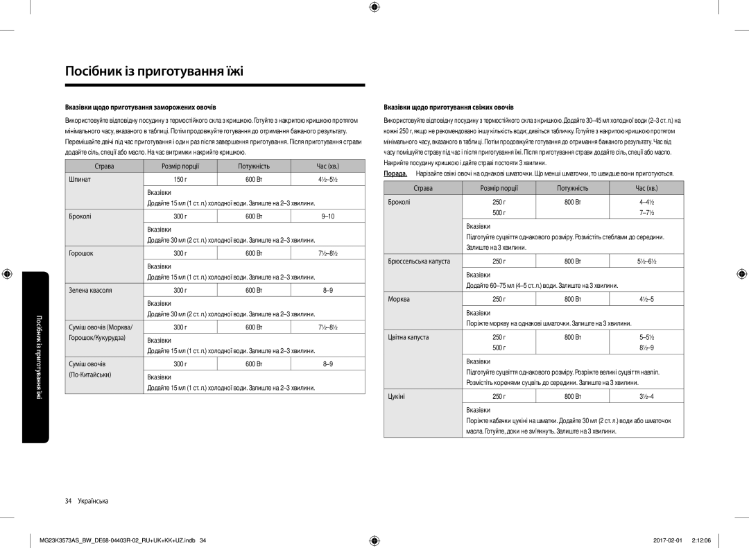 Samsung MG23K3573AK/BW manual Вказівки щодо приготування заморожених овочів, Вказівки щодо приготування свіжих овочів 