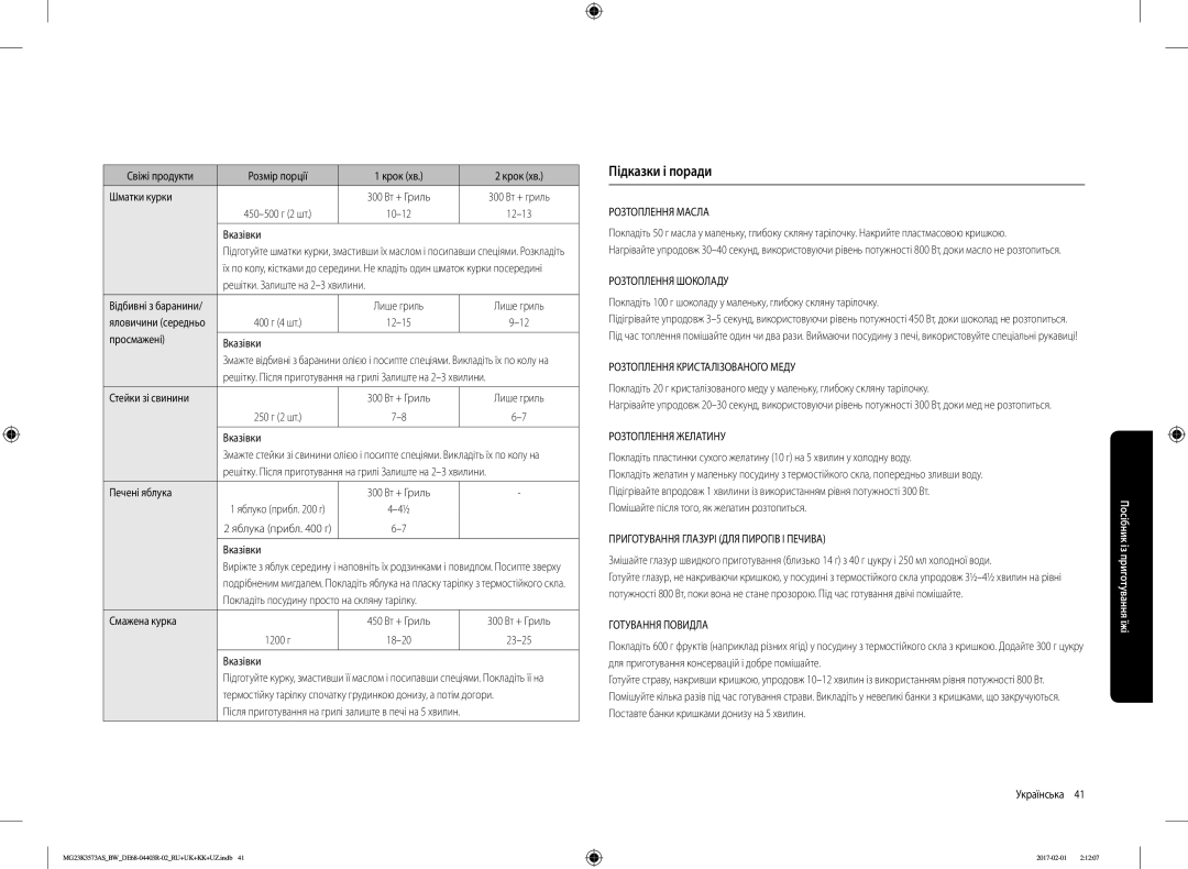 Samsung MG23K3573AS/BW manual Підказки і поради, Свіжі продукти Розмір порції Крок хв Шматки курки, Просмажені Вказівки 