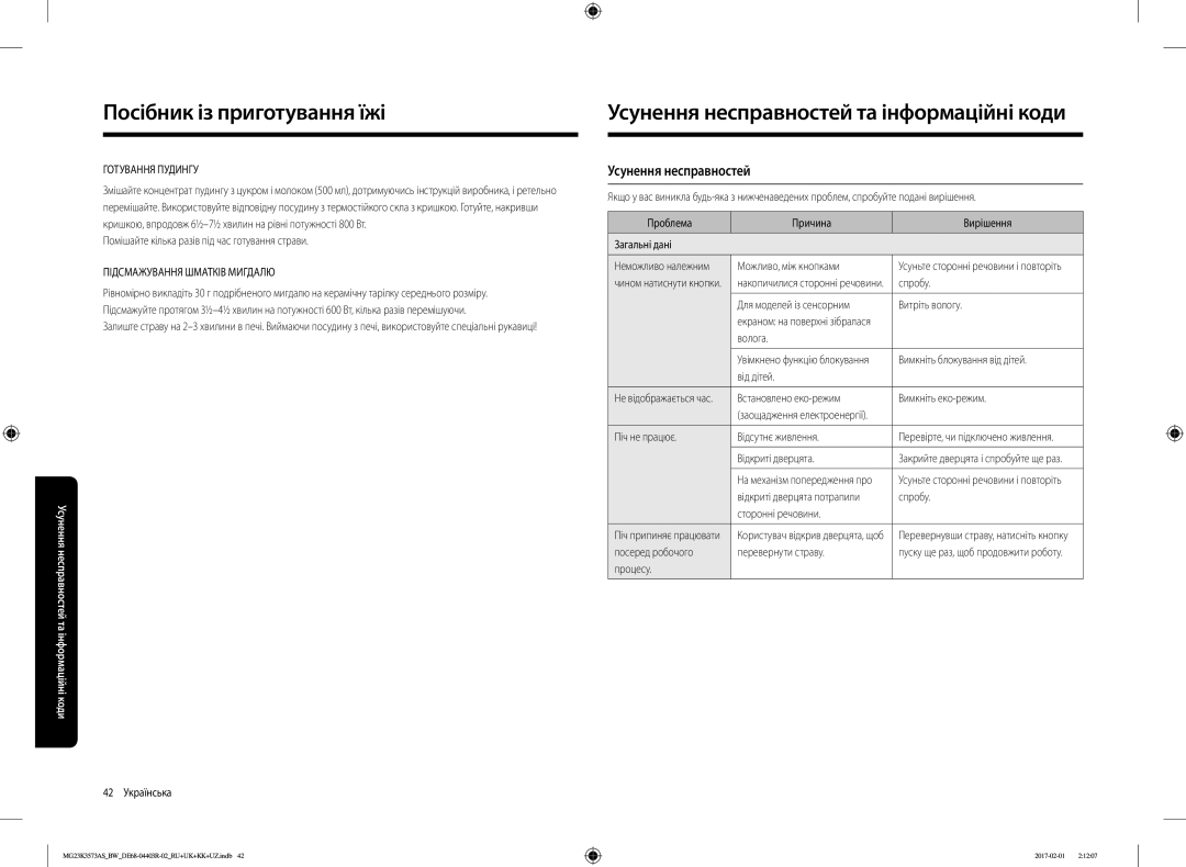 Samsung MG23K3573AK/BW, MG23K3573AS/BW manual Усунення несправностей та інформаційні коди 