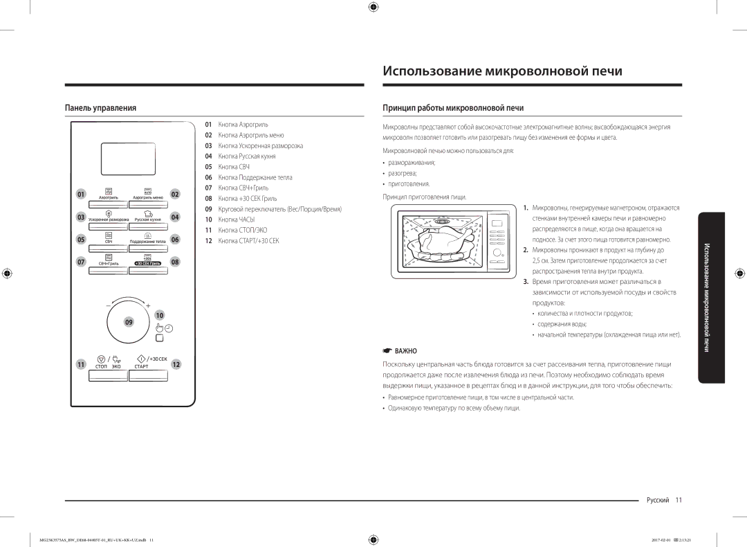 Samsung MG23K3575AS/BW manual Использование микроволновой печи, Панель управления, Принцип работы микроволновой печи 